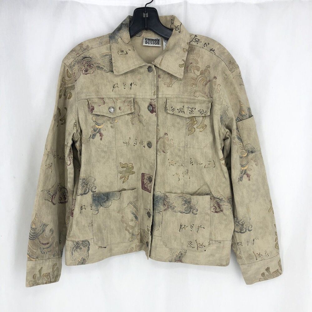 Vintage Chicos Design Jacket Women's Size 0 Medium Khaki Flowers